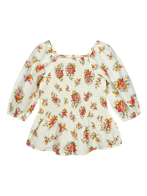Budding Bees Girls Off white & Pink Floral Printed Smocked Peplum Top