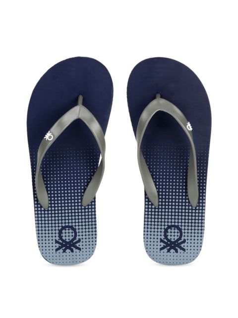 United Colors of Benetton Men Grey & Navy Blue Printed Thong Flip-Flops