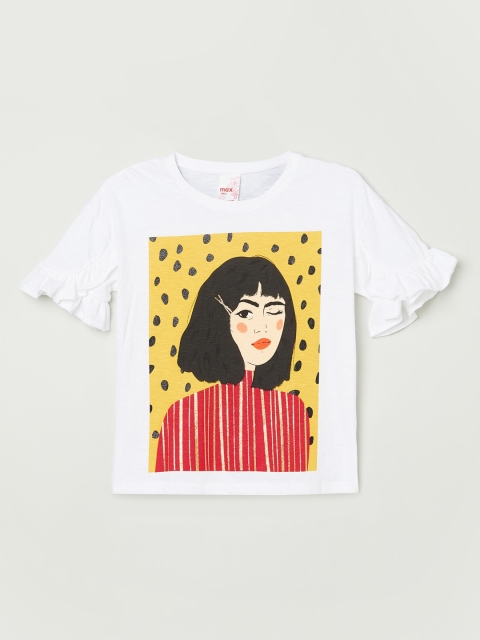 max Girls White Yellow Printed Round Neck Pure Cotton T-shirt
