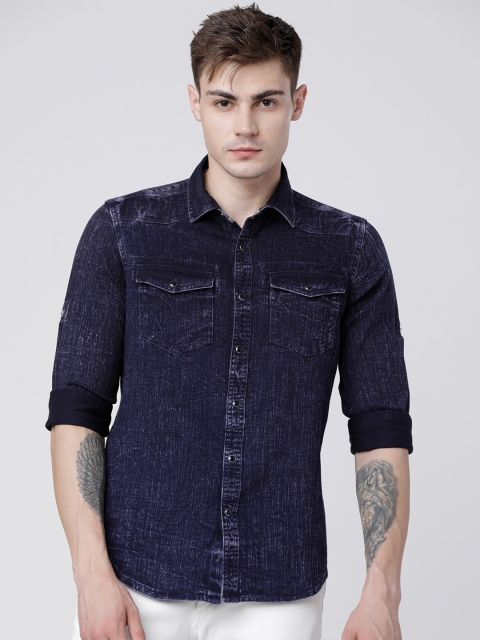 Ecko Unltd Men Navy Blue Slim Fit Faded Casual Shirt