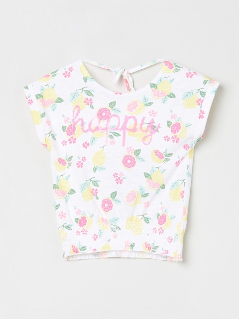max Girls White Printed V-Neck Cotton T-shirt