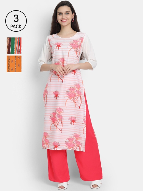 7threads Women Multicoloured Set of 3 Floral Printed Straight Kurta, Multi