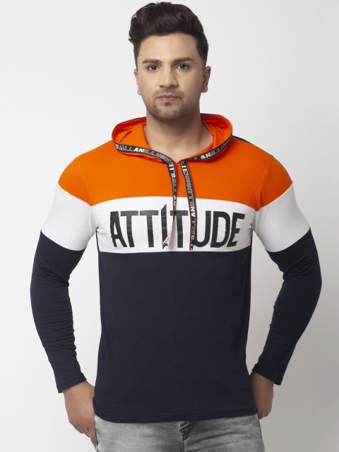 KATSO Men Orange & Navy Blue Slim Fit Printed Hood T-shirt