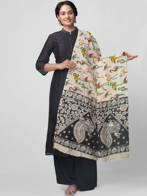 Unnati Silks Black & Cream-Coloured Kalamkari Printed Dupatta