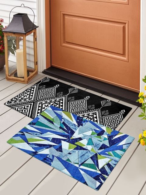 Story@home Set Of 2 Printed Velvet Finish Anti-Skid Doormats, Blue