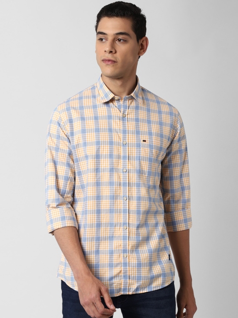 Peter England Casuals Men Yellow & Blue Slim Fit Checked Cotton Casual Shirt