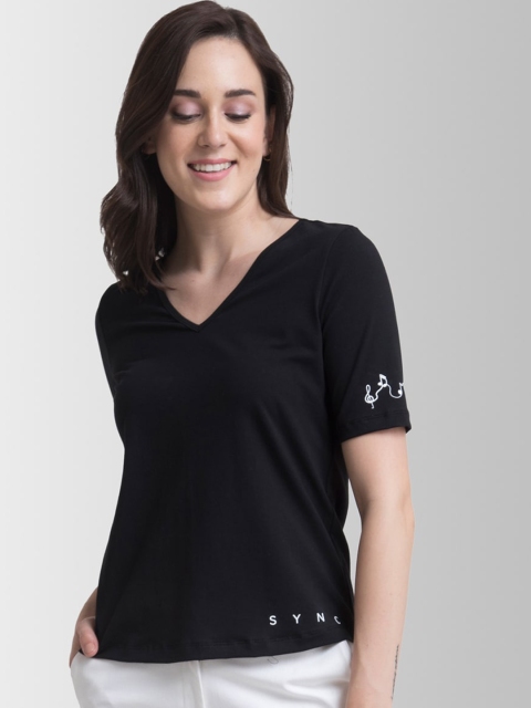 FableStreet Women Black Solid V-Neck T-shirt