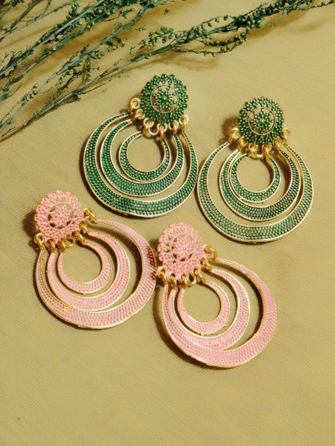Crunchy Fashion Set Of 2 Gold-Plated & Pink Crescent Shaped Chandbalis