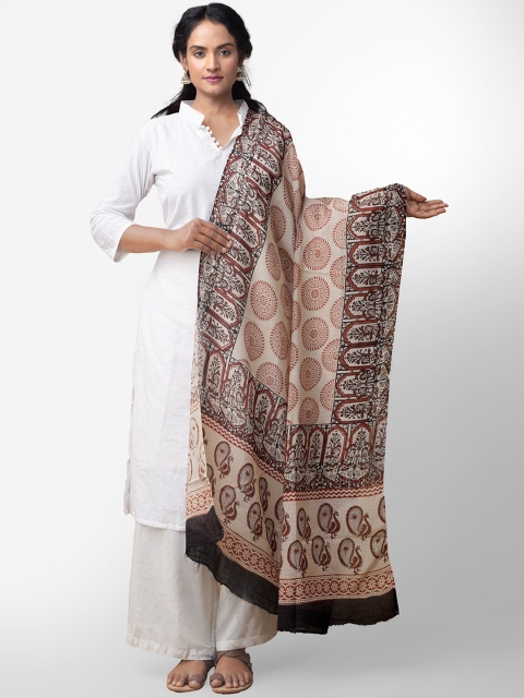 Unnati Silks Cream-Coloured & Red Printed Dupatta