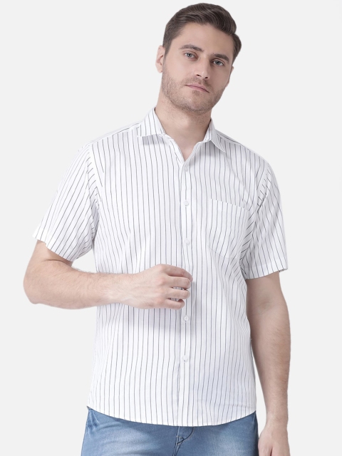 Zeal Men White & Navy Blue Regular Fit Striped Pure Cotton Casual Shirt