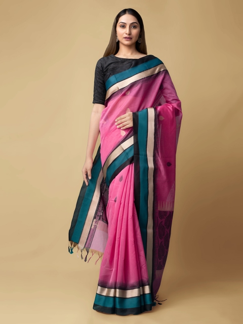 Unnati Silks Pink Silk Cotton Solid Handloom Kanjeevaram Saree