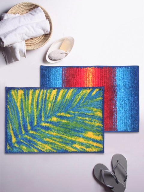 BIANCA Set Of 2 Printed 1850 GSM Microfibre Anti-Skid Bath Rugs, Blue