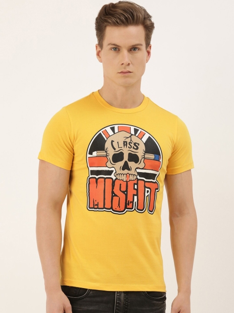 QUANCIOUS Men Mustard Printed Round Neck Sustainable T-shirt