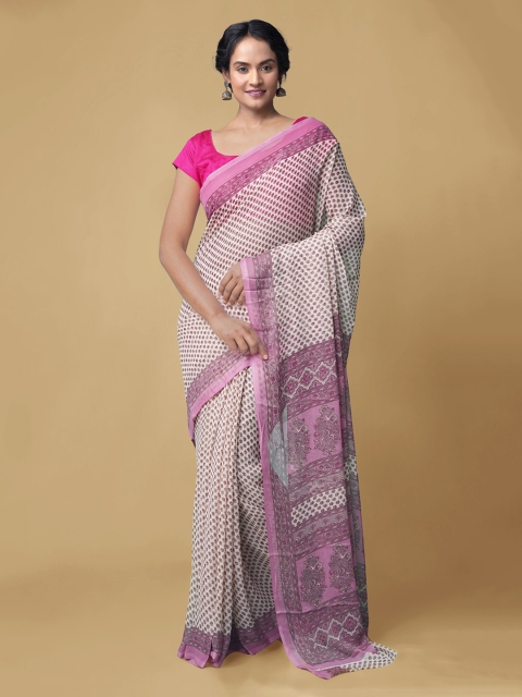Unnati Silks Cream-Coloured Floral Printed Pure Chiffon Saree