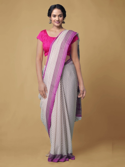 Unnati Silks Off-White & Purple Pure Chiffon Printed Bhagalpuri Saree