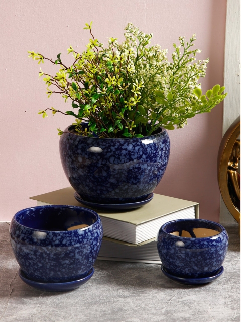 Aapno Rajasthan Set Of 3 Blue & White Glazed Ceramic Pots
