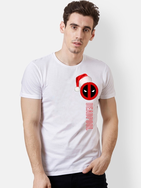 Free Authority Men White Deadpool Printed Round Neck Cotton T-shirt