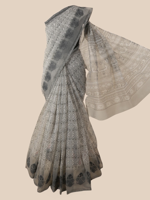 Pothys Grey & Off-White Supernet Printed Saree