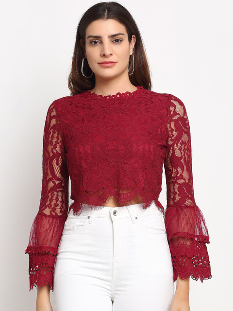 Global Republic Maroon Bell Sleeves Lace Regular Top 
Global Republic Maroon Bell Sleeves Lace Regular Top