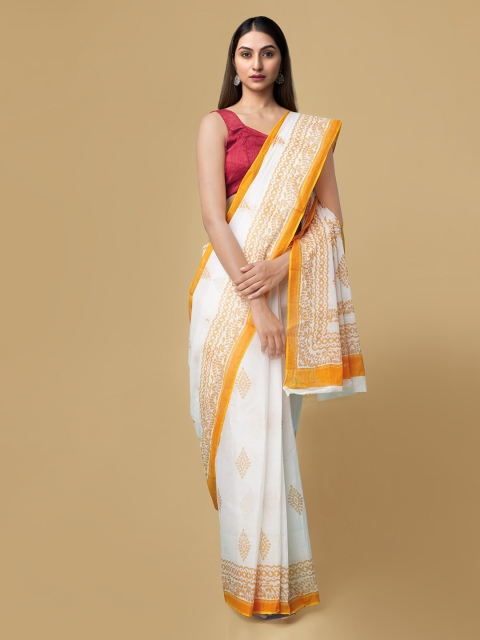 Unnati Silks White Handloom Pure Cotton Woven Design Dabu Saree, Cream