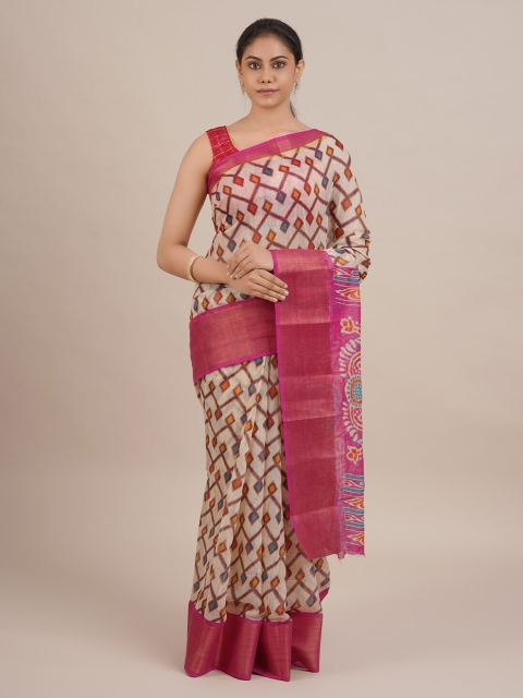 Pothys Cream-Coloured & Pink Jute Silk Printed Saree