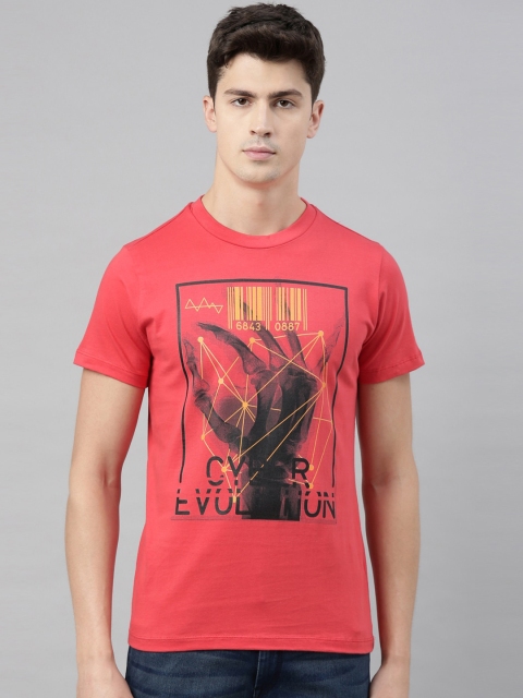 QUANCIOUS Men Coral Red & Black Printed Round Neck Organic Cotton Sustainable T-shirt