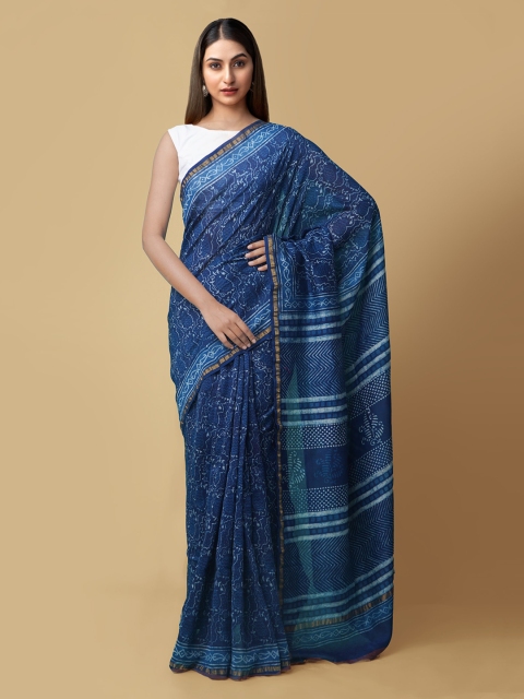Unnati Silks Blue & White Silk Cotton Printed Chanderi Handloom Saree