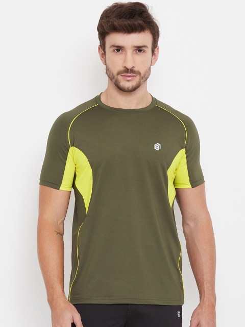 Bishop Cotton Men Olive Green Colourblocked Round Neck T-shirt
