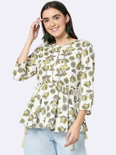 Bewakoof Off White & Olive Green Floral Printed Tropical Pure Cotton Peplum Top