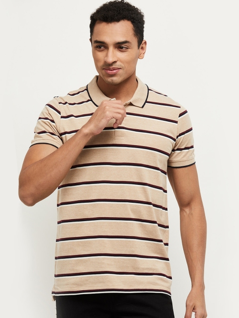 max Men Khaki Striped Polo Collar T-shirt