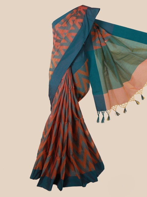 Pothys Peach-Coloured & Teal Blue Supernet Woven Design Saree