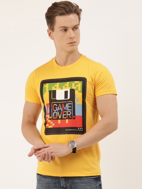 QUANCIOUS Men Mustard Printed Round Neck Organic Cotton T-shirt