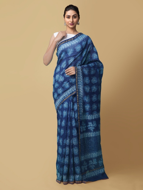 Unnati Silks Blue & White Silk Cotton Printed Chanderi Handloom Saree