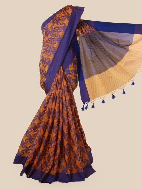 Pothys Orange & Blue Supernet Woven Design Saree