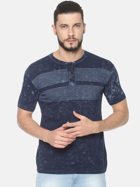 HALTON HILLS Men Blue Striped Henley Neck T-shirt