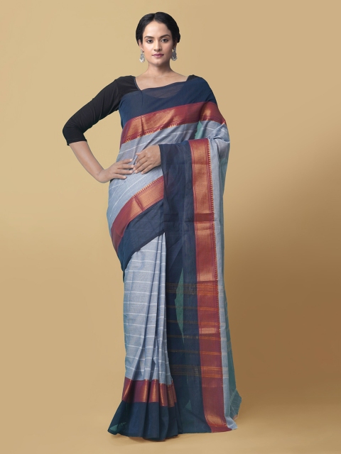 Unnati Silks Grey & Blue Pure Cotton Striped Uppada Handloom Saree