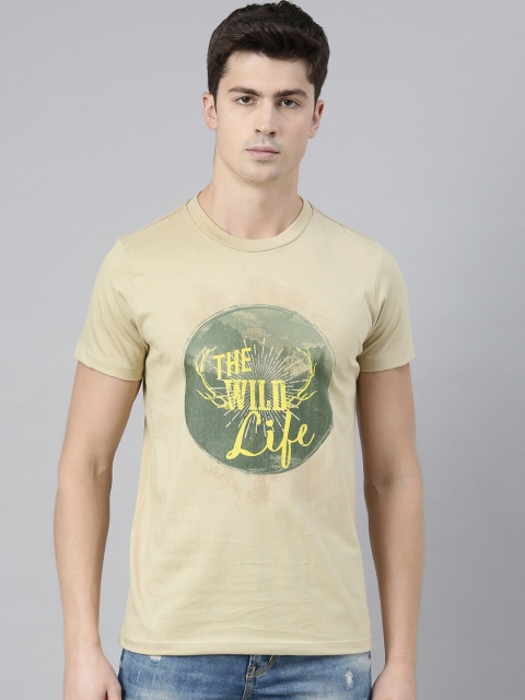 QUANCIOUS Men Beige Printed Round Neck Organic Cotton Sustainable T-shirt