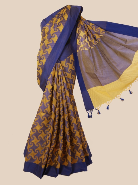 Pothys Yellow & Blue Supernet Printed Saree With Tasseled Pallu