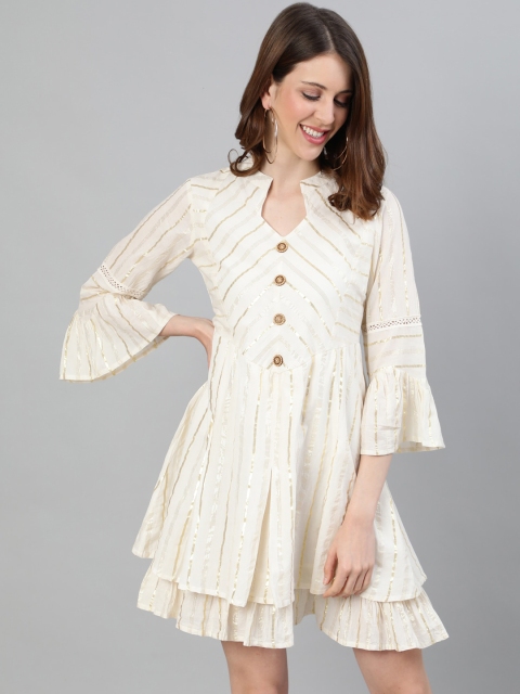 Ishin Women Off-White Lurex Embellished Cotton A-Line Dress