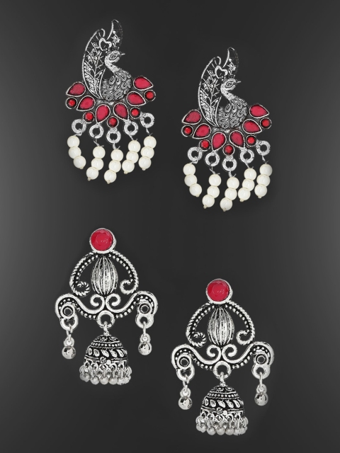 OOMPH Set of 2 Silver-Toned Contemporary Drop Earrings