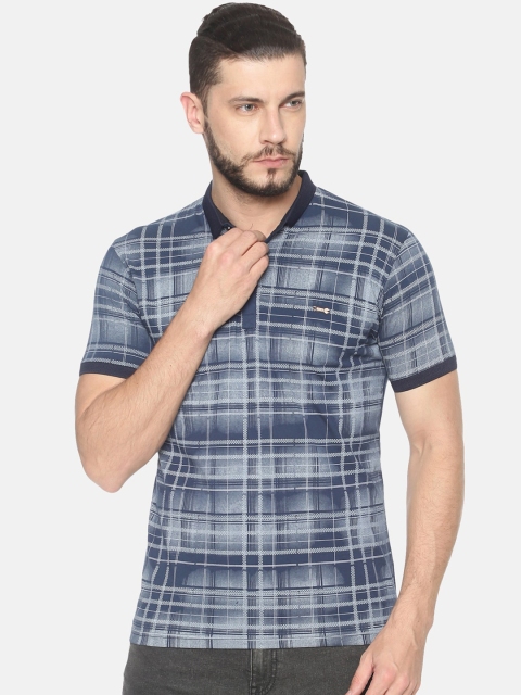 HALTON HILLS Men Navy Blue Checked Polo Collar T-shirt