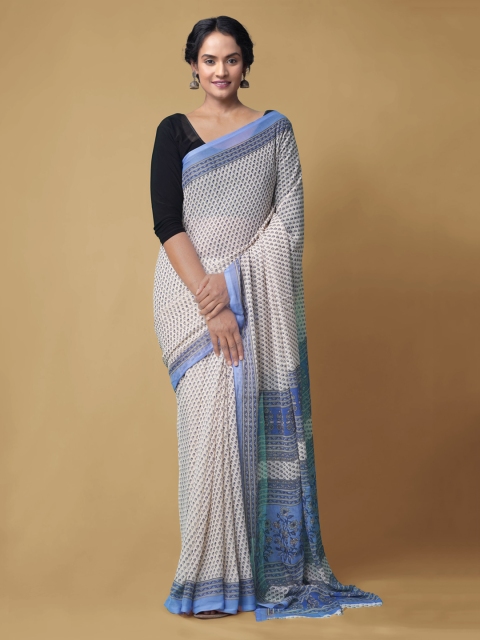 Unnati Silks Cream-Coloured Pure Chiffon Printed Bhagalpuri Saree