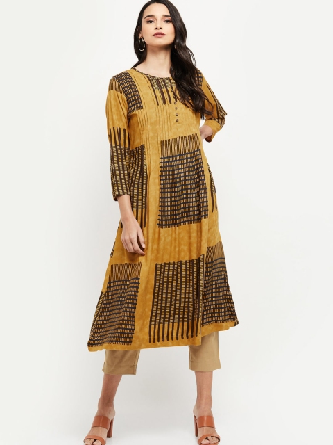 max Women Mustard Yellow Printed Anarkali Kurta