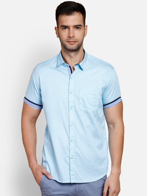COBB Men Turquoise Blue Slim Fit Printed Casual Shirt