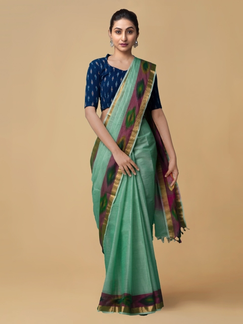 Unnati Silks Green Pure Cotton Solid Mysore Silk Saree