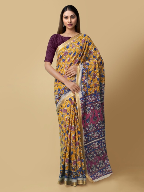 Unnati Silks Yellow Pure Cotton Printed Kanjeevaram Saree