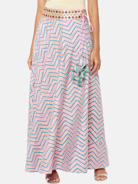 RANGMANCH BY PANTALOONS Women Pink & Blue Chevron Print Flared Maxi Skirt