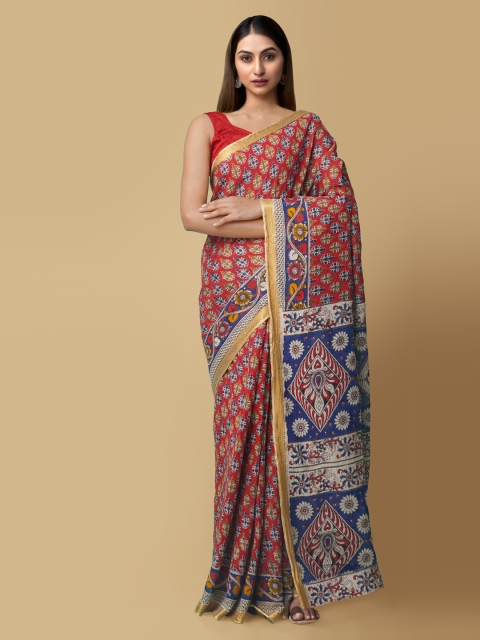 Unnati Silks Red Pure Cotton Printed Kanjeevaram Sustainable Saree