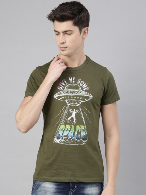 QUANCIOUS Men Olive Green Printed Round Neck Sustainable T-shirt