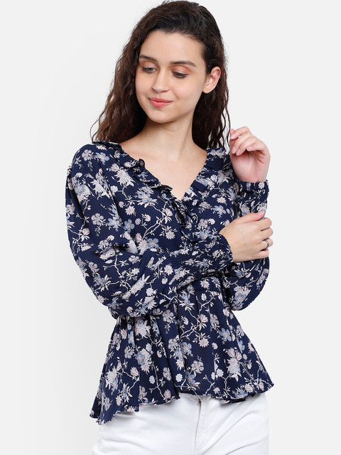 Yaadleen Navy Blue Floral Printed Georgette Wrap Top 
Yaadleen Navy Blue Floral Printed Georgette Wrap Top